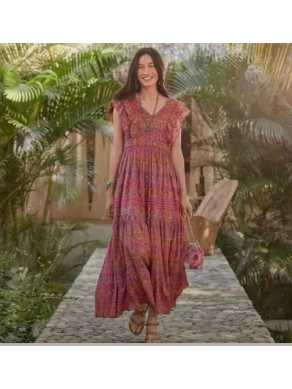 Sundance sz XL pink mosaic V neck boho maxi dress ruffle sleeves C